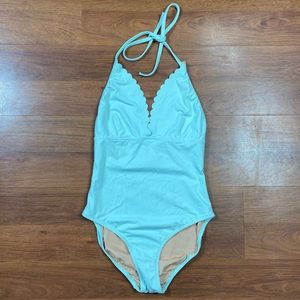 J. Crew Sea Spray Mint Green Scalloped V-Neck Halter Top One Piece Swimsuit   Si